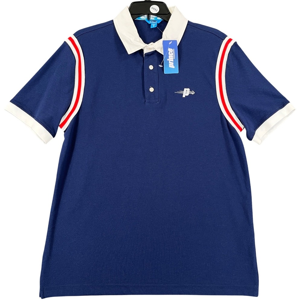 Prince Pickleball Polo Shirt Mens M Navy Blue Striped Sleeve Athletic Wear
